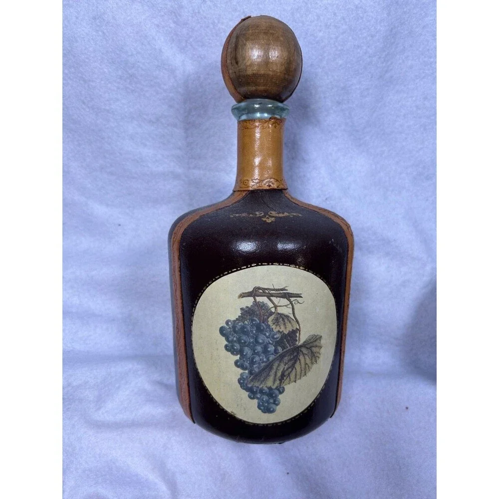 Two Vintage Italian brown Leather Covered Wine Bottle Bar Decanter Made In Italy